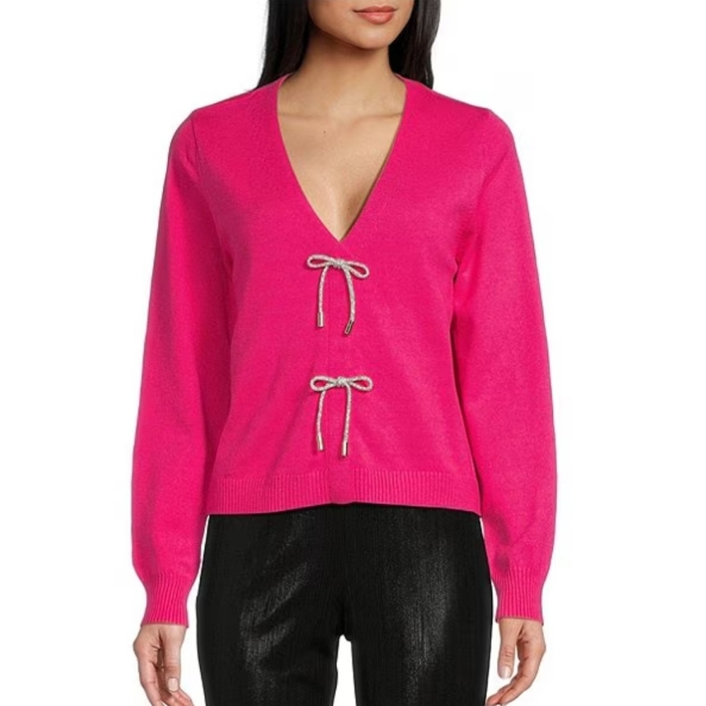 H&M V-Neck Long Sleeve Rhinestone Bow Faux Cardigan XXL Sweater #New